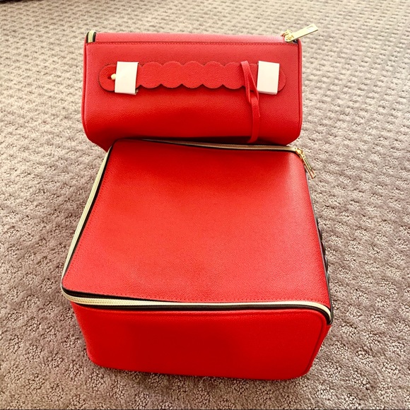 Estee Lauder Handbags - New: Estée Lauder red leather cosmetic travel bag